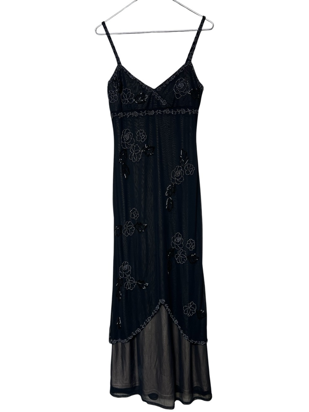 Cache 90s black empire waist floral beaded sheer overlay maxi slip dress - Picture 4 of 15